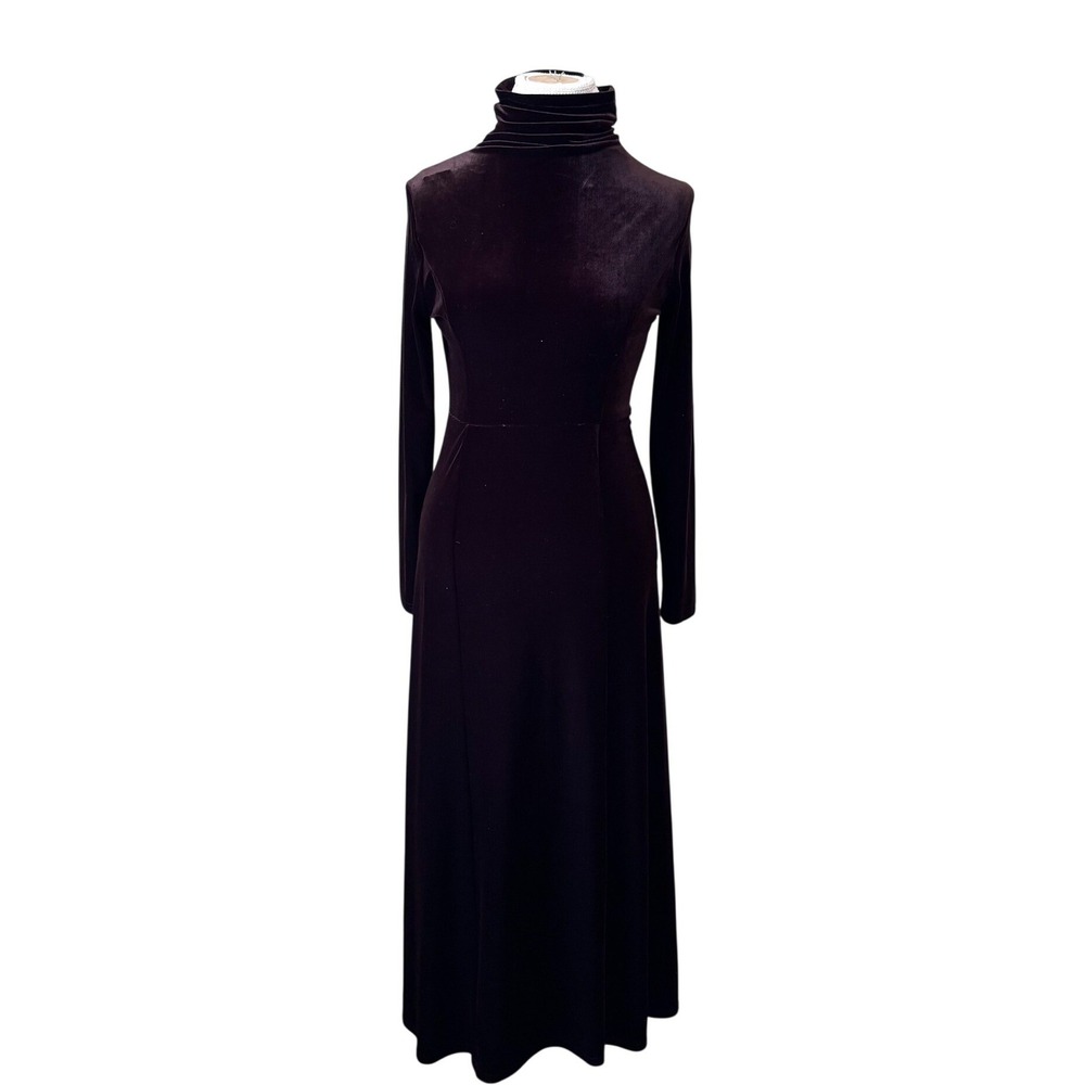 MODA INTL Vintage 90s Velvet Turtleneck Maxi Dress Medium Brown Elegant Gala